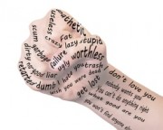 abusive or bullying words in a symbolic fist shape.